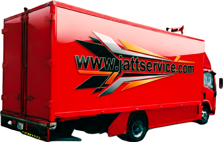 "سطحة نقل مغلقة باللون الأحمر تحمل شعار www.jattservice.com، تستخدم لنقل السيارات الفاخرة بطريقة آمنة ومحكمة، تصميم حديث ومخصص للخدمة الاحترافية