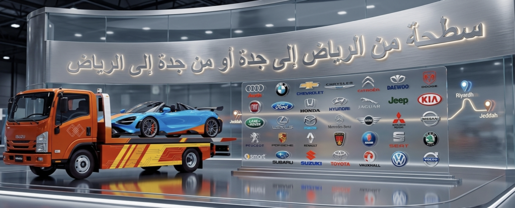 "سطحة برتقالية حديثة تنقل سيارة رياضية زرقاء على طريق الرياض جدة مع عرض لشعارات شركات السيارات العالمية".